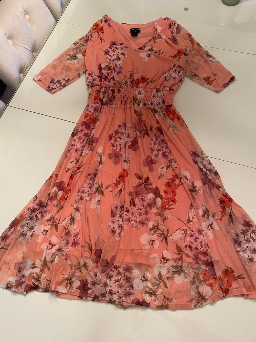 Smocked Waist Floral Midi Dress in Peach Pink by Unknown